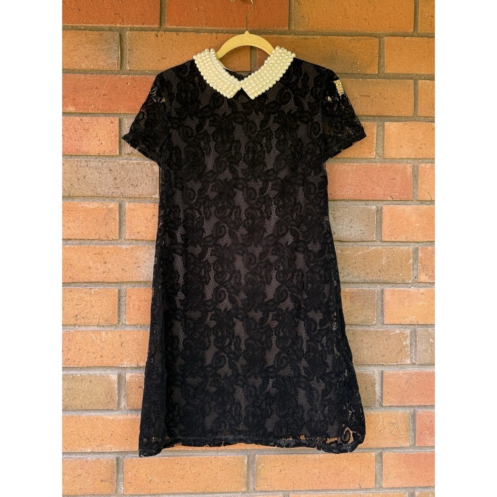 Betsey Johnson Little Black Dress Flocked Lace Faux Pearl Collar LBD | Size 8